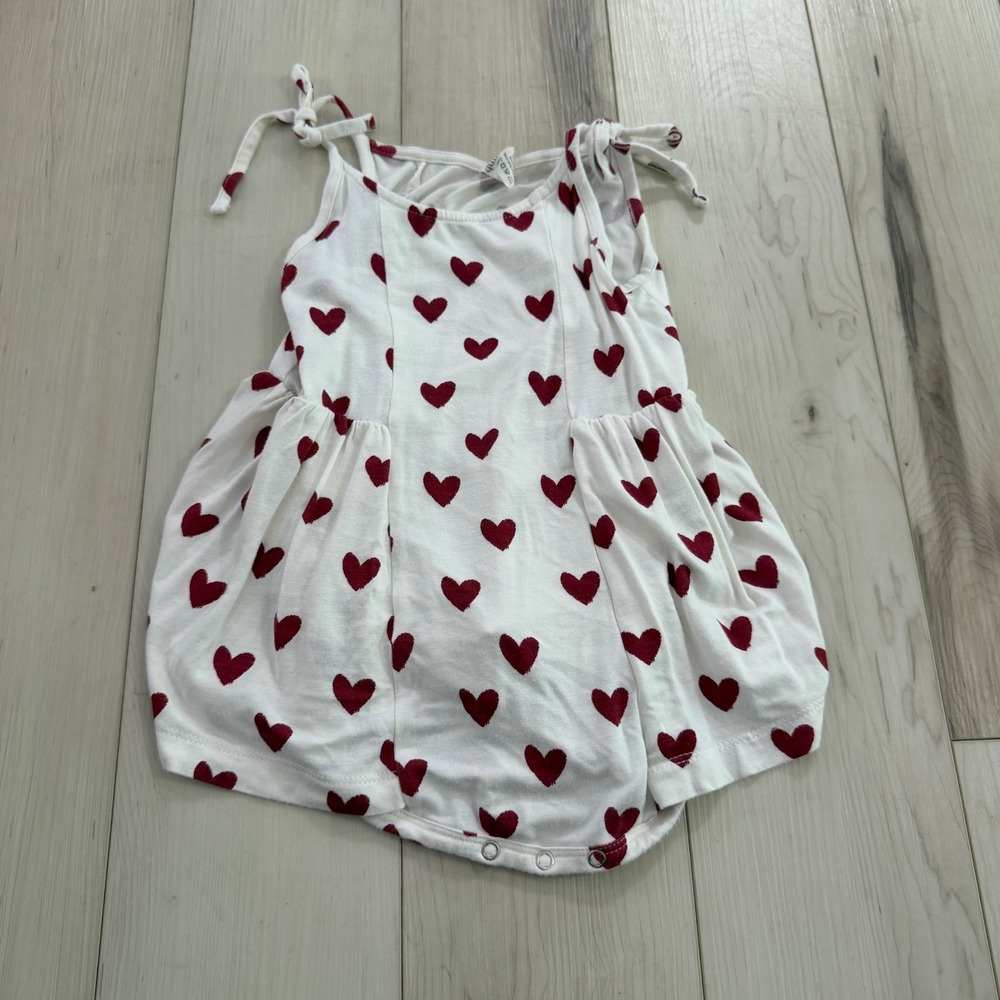 Kate Quinn 2T Heart Print Bamboo Viscose Tie Strap Bubble Romper Cream Red